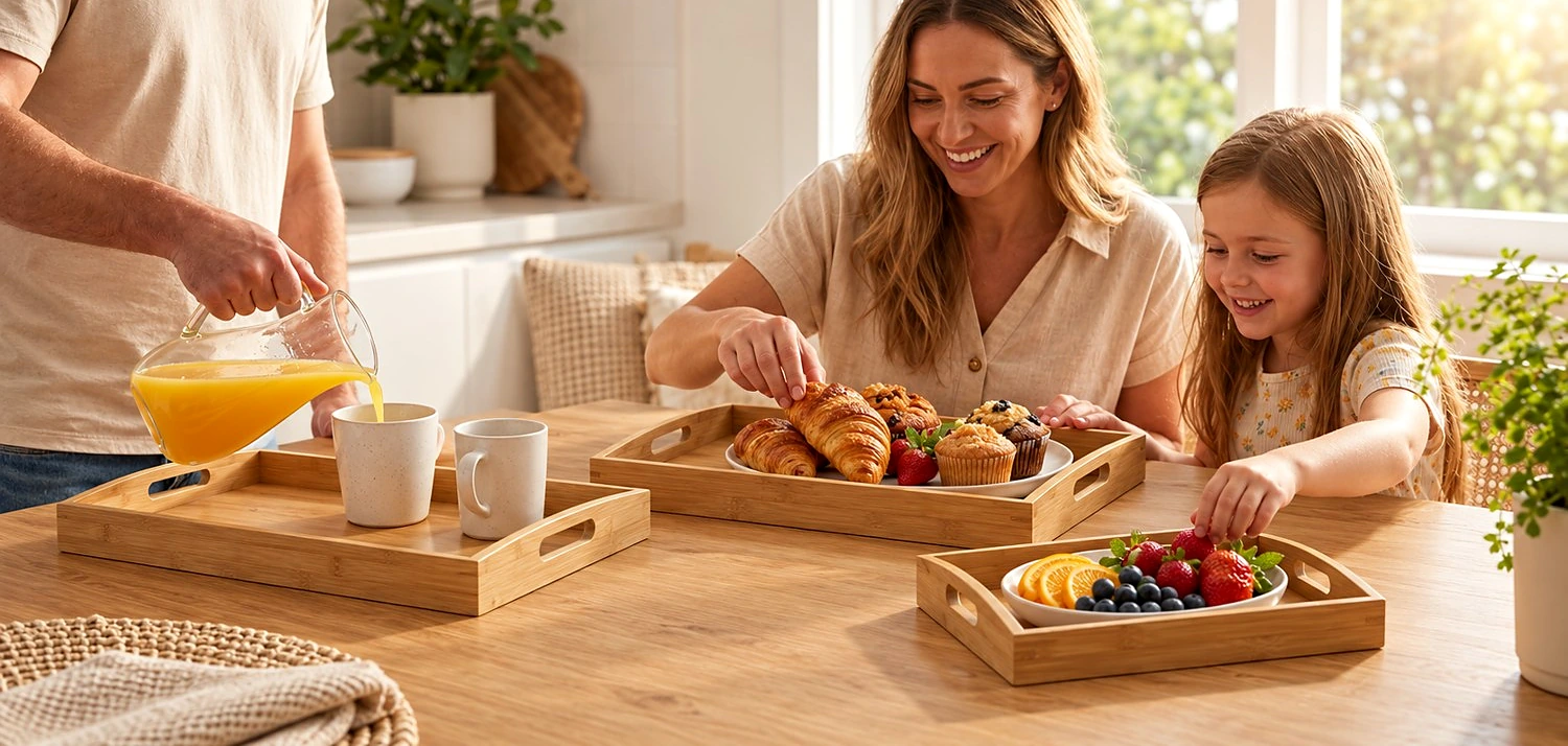 A family sharing breakfast served on OzUrban bamboo trays